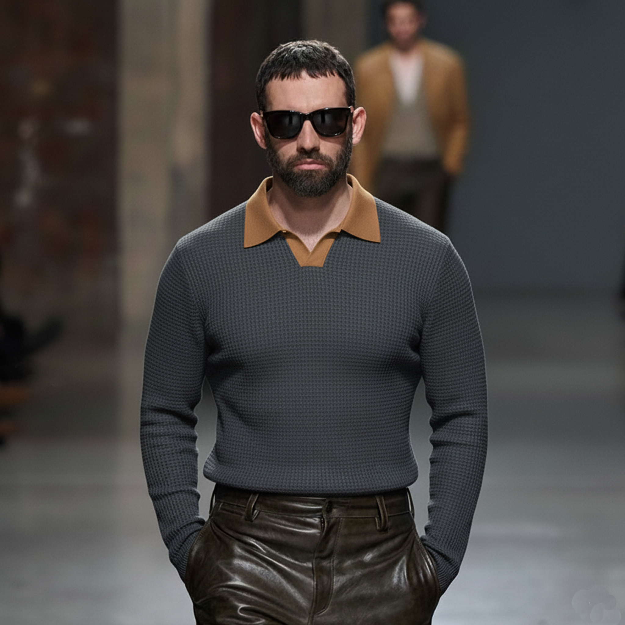 Men's Classic Casual Suede Collar And  Waffle Long-sleeved Polo Shirt MTA2878K9K