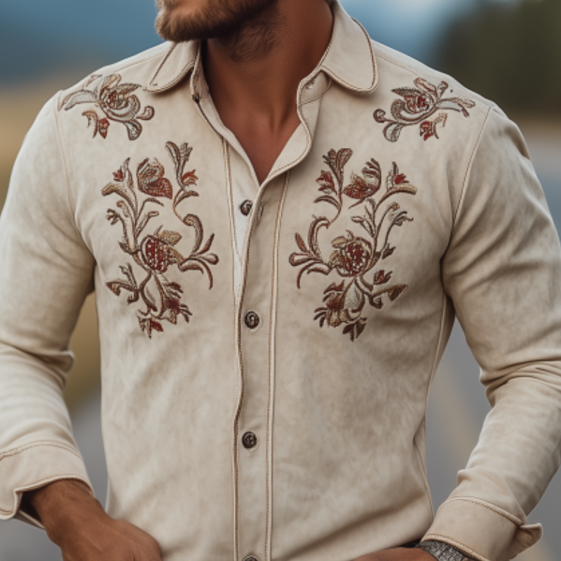 Men's Classic American Western Suede Embroidered Long Sleeve Shirt 85822551K