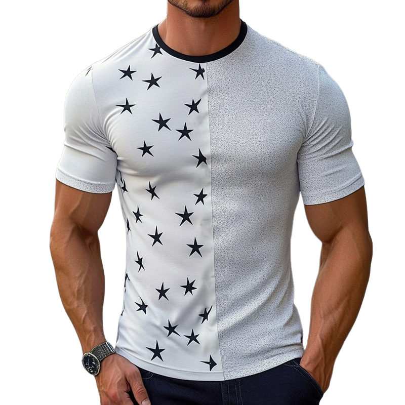 Men's Round Neck Patchwork Printed Cotton Blend Short-sleeved T-shirt MTA2452G1X