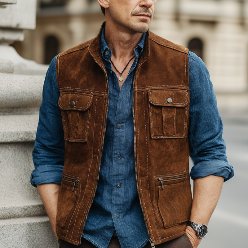 Men's Classic Stand-collar Zippered Suede Multi-pocket Vest MTA0129L9U