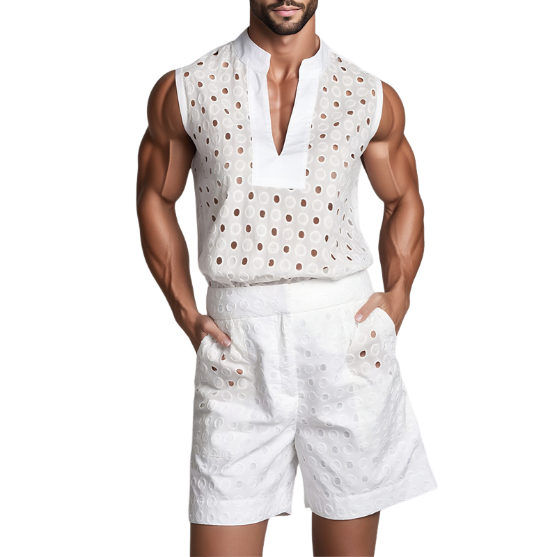 Men's Circular Hollow Embroidery Pattern V Neck Sleeveless Tank Top Straight Shorts Set MTA2349F9Z