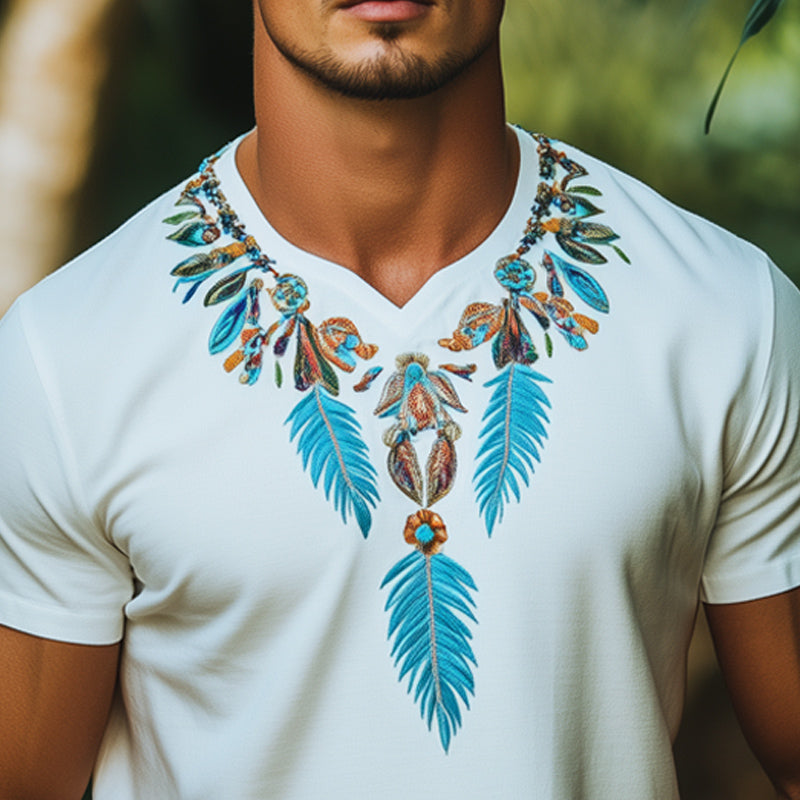 Men's Summer Indian Style Embroidered Short Sleeve T-Shirt MTA1015E2U