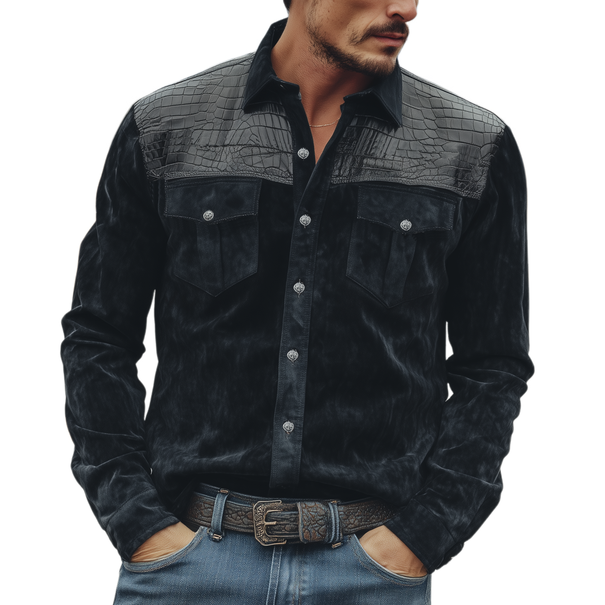 Men's Classic Retro Western Cowboy Style Suede And Textured Leather Long-sleeved Shirt MTA0775H8K