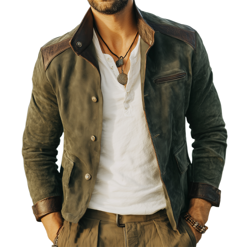 Men's Vintage Stand Collar Suede Button Leather Stitching Jacket MTA0679H0U