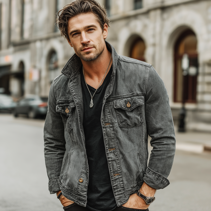 Men's Vintage Gray Distressed Button-up Lapel  Denim Jacket MTA3007K9U