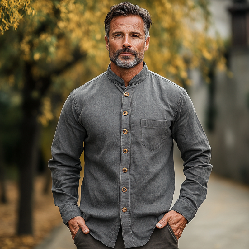 Men's Casual Vintage American Western Style Stand-up Collar Single-breasted Cotton Blend Washed Long-sleeved Shirt 60226351F