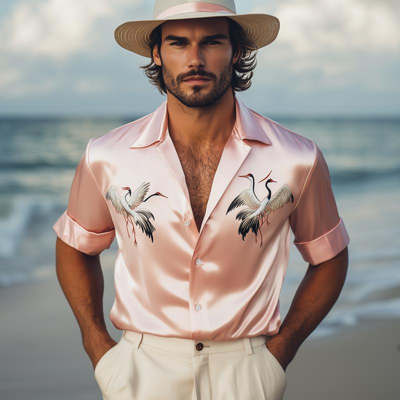 Men's Summer Satin Crane Embroidered Short Sleeve Shirt MTA1081F4U