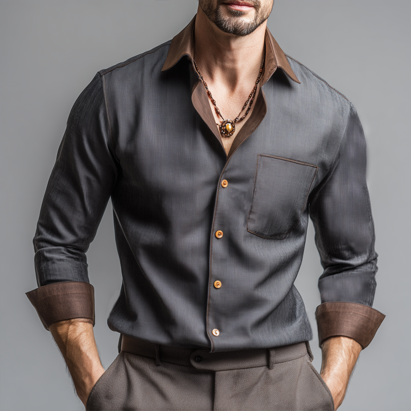 Men's Spring And Autumn Business Colorblock Long Sleeve Shirt MTA0299H6U