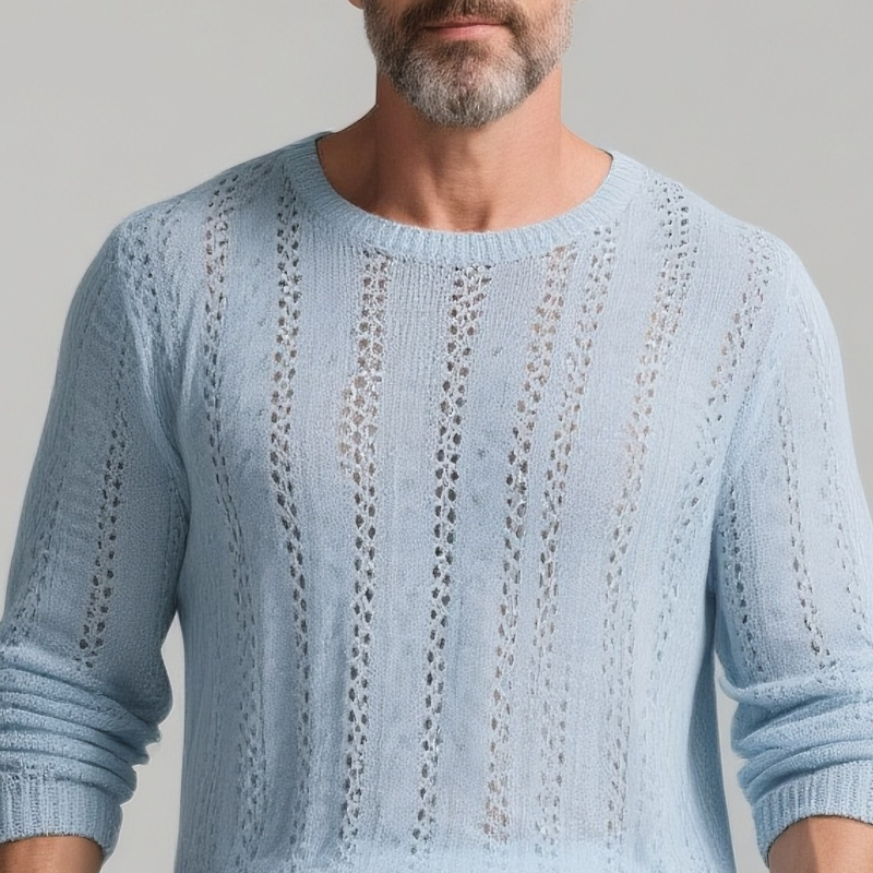 Men's Solid Color Hollow Out Knit Round Neck Long Sleeve Sweater MTA2863G9Z