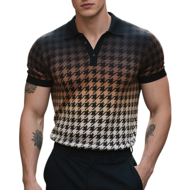Men's Retro Casual Houndstooth Gradient Print Short-Sleeved Polo Shirt MTA2036E2TO