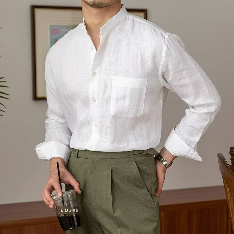 Men's Cotton And Linen Solid Color Stand Collar Long Sleeve Shirt MTA2810G8X