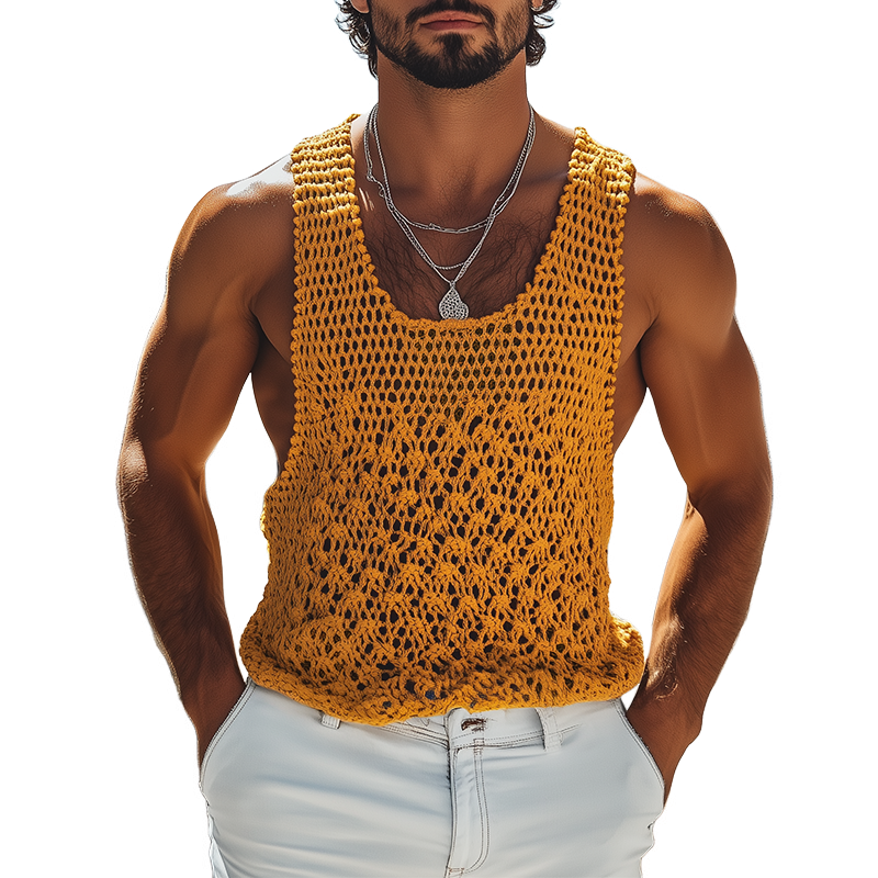 Men's Fashion Casual Hollow Knitted Three-Dimensional Pattern U-Neck Tank Top MTA2577F4K