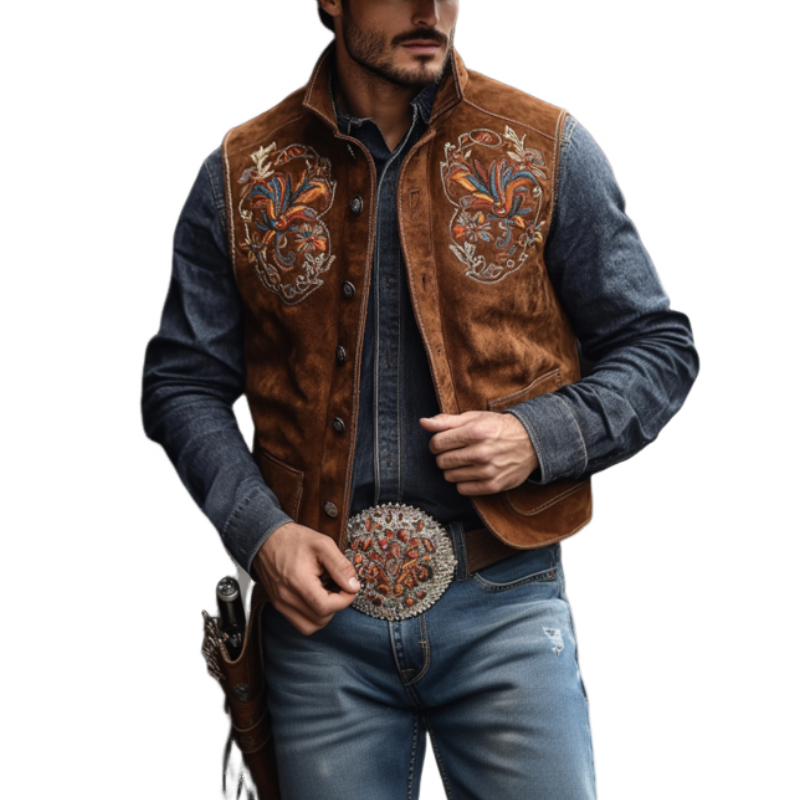 Men's Vintage Western Embroidered Suede Stand Collar Vest 67577310K