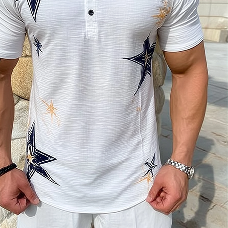 Men's Star Print Henley Neck Short Sleeve T-Shirt MTA0763G3X