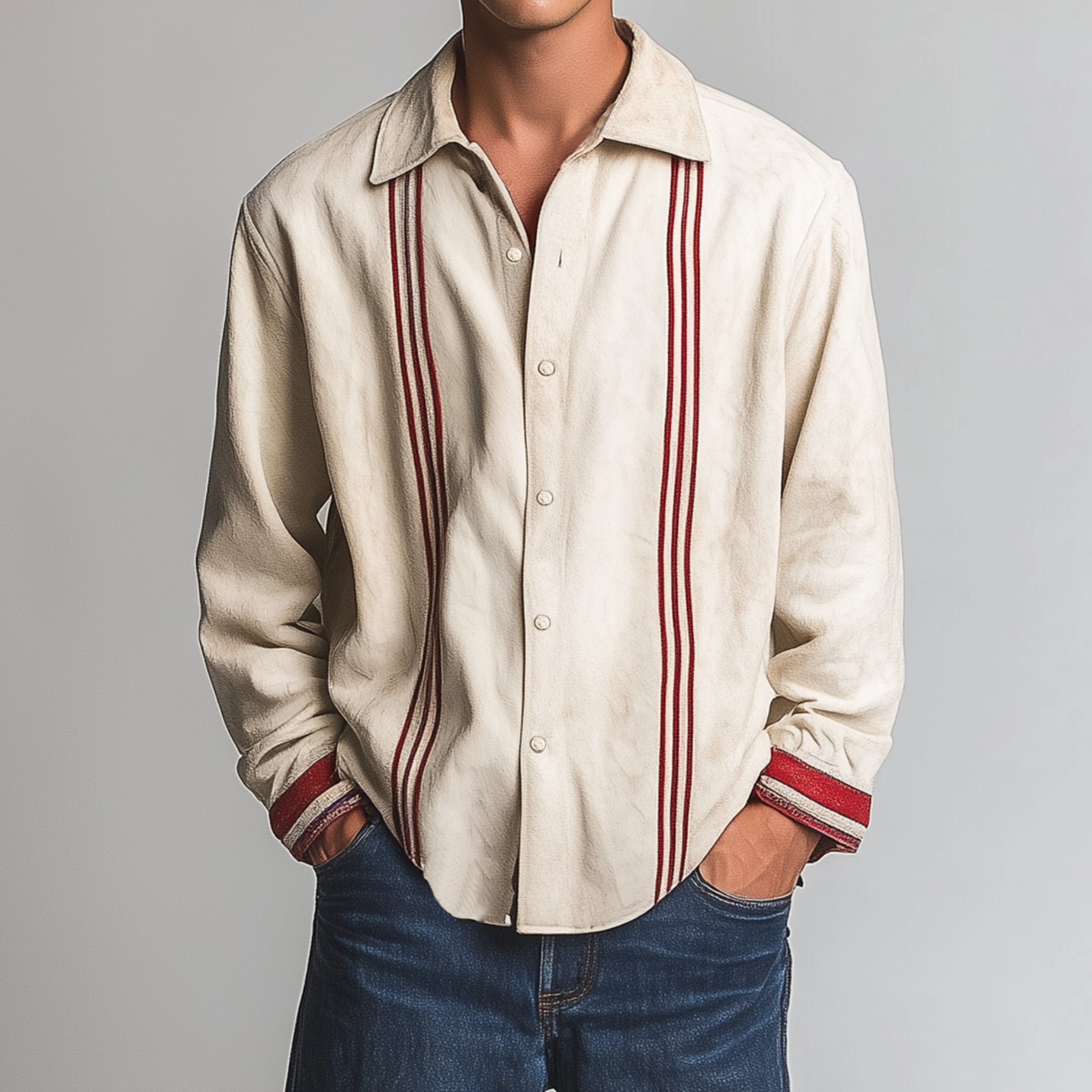 Men's Classic Casual Thin Contrast Color Stitching Suede Embroidery Lapel Long Sleeve Shirt MTA2452G6K
