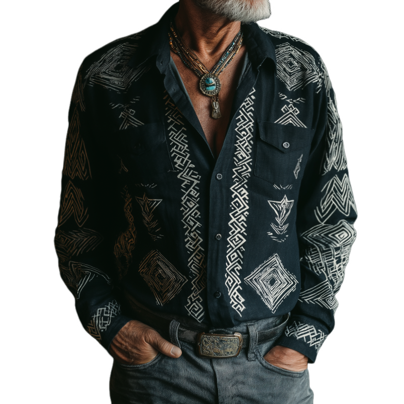 Men's Retro Casual Ethnic Style Printed Lapel Long Sleeve Shirt MTA2922H8TO