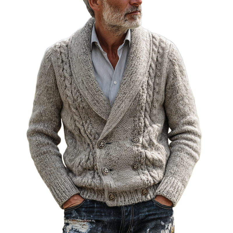 Men's Cable Knitted Shawl Collar Double Breasted Cardigan MTA0286I3Z