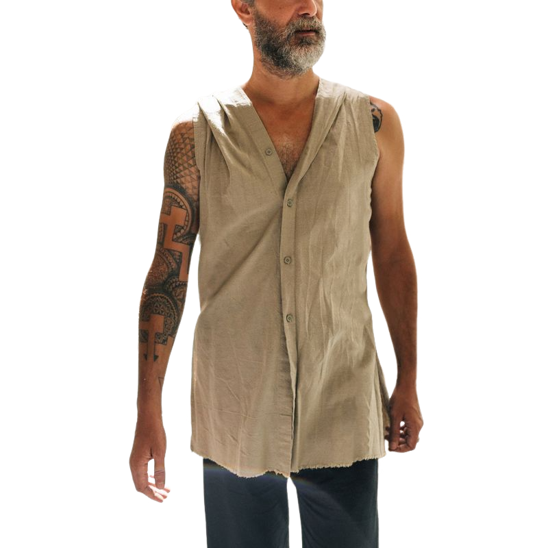 Men's Classic Retro Casual Cotton and Linen Hooded Tank Top 95632794K