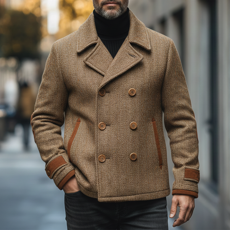 Men's Winter Herringbone Faux Wool Faux Suede Double-Breasted Jacket MTA2108K2P