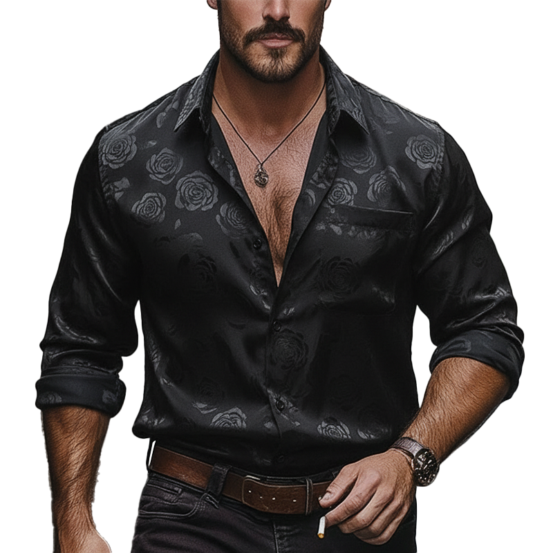 Men's Vintage Rose Print Satin Button-down Long-sleeved Shirt MTA2368L7P
