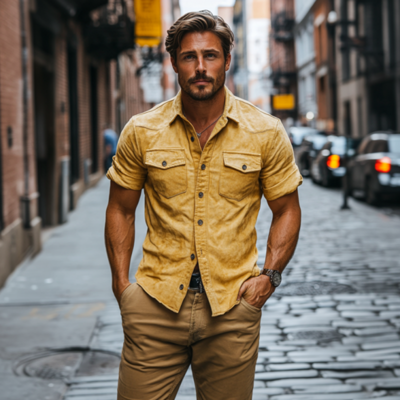 Men's Classic Retro Western Fit Multi-Pocket Suede Short Sleeve Shirt 88235754K