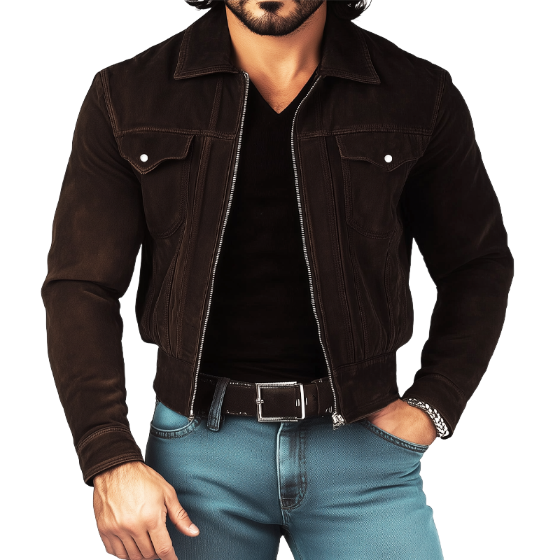 Men's Spring And Autumn Retro Short Zipper Suede Jacket MTA1135H3U