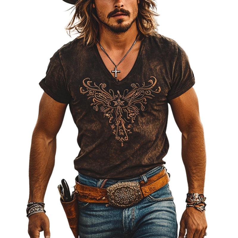 Men's Western Cowboy Retro V-neck Embroidered Short Sleeve T-shirt MTA1389E4X