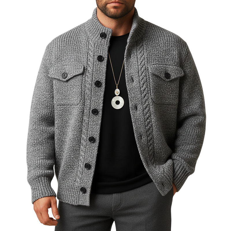 Men's Classic Gray Stand-collar Button-up Knit Cardigan MTA0508L9U