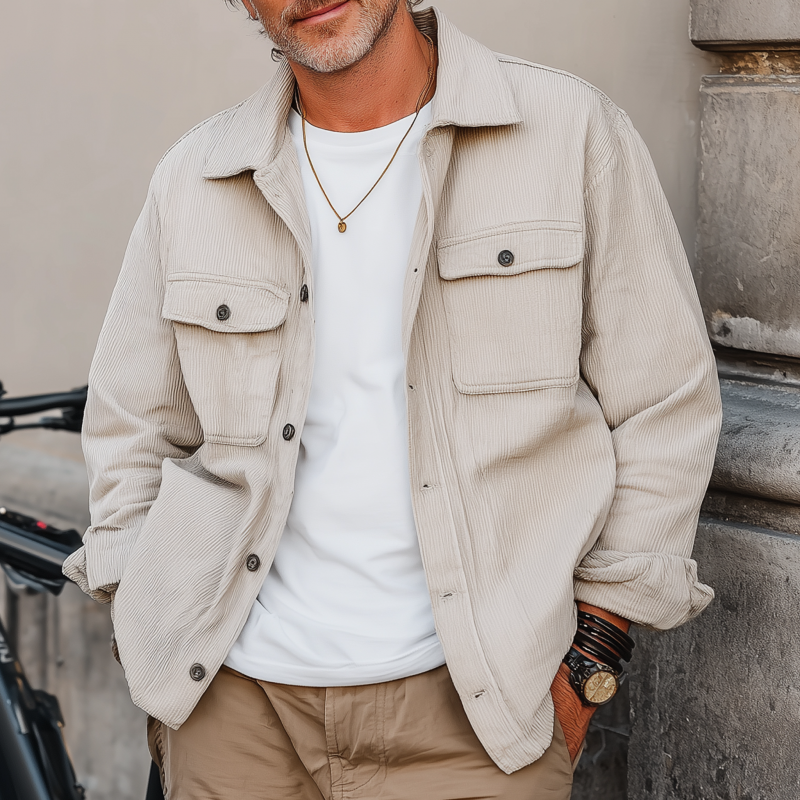 Men's Casual Solid Color Corduroy Lapel Flap Pocket Single Breasted Loose Long Sleeve Shirt Jacket MTA2335G0M