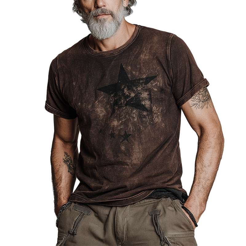 Men's Summer Fashion Star Print Distressed Cotton Blend Short-Sleeved T-Shirt MTA0326G4P