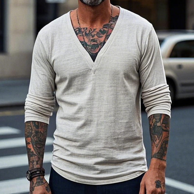 Men's Vintage Casual V-neck Long-sleeved T-shirt 93289081F