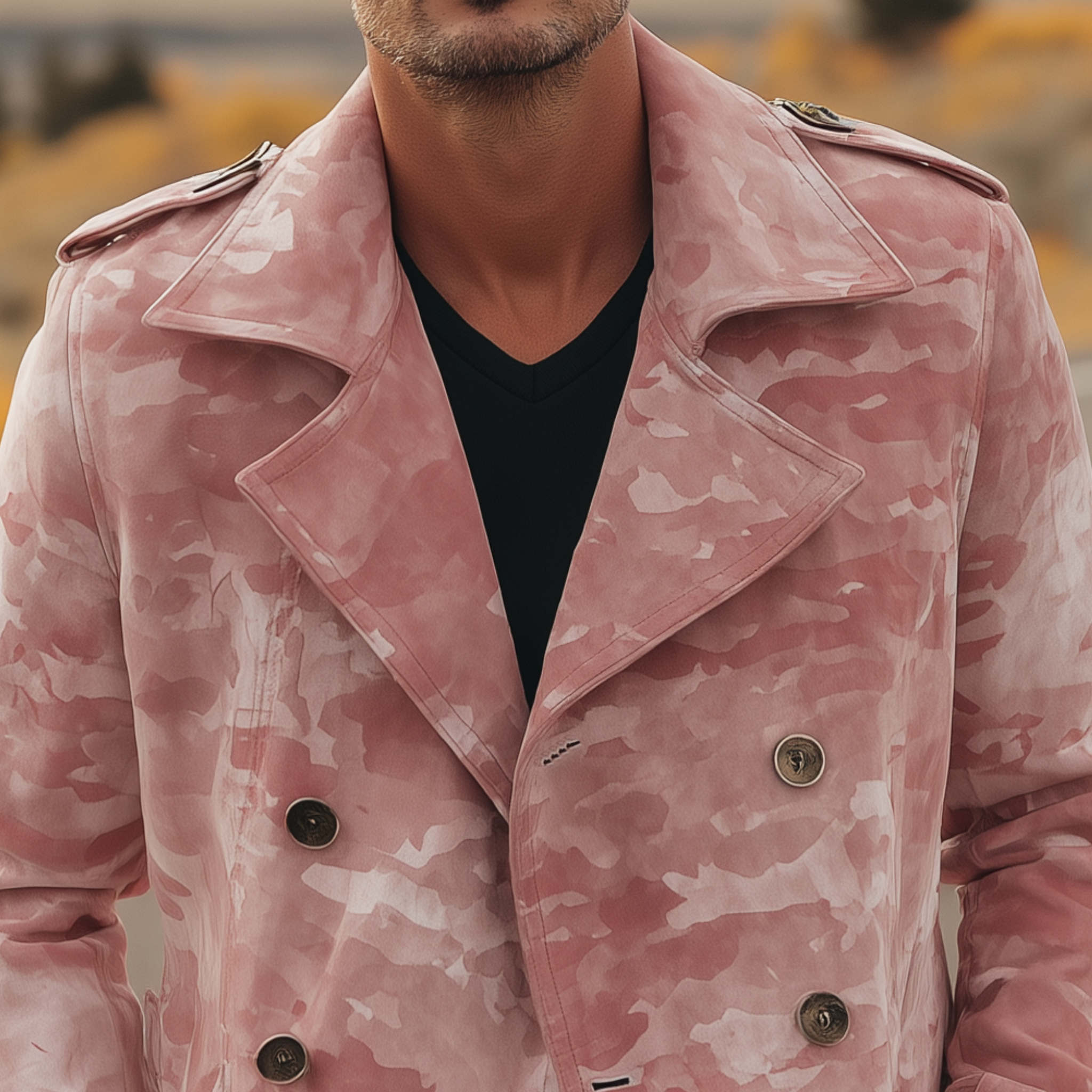 Men's Classic Casual Pink Camouflage Suede Lapel Double-Breasted Jacket MTA2809H6K