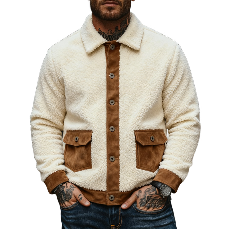 Men's Casual Fleece Patchwork Faux Suede Collar Button Jacket MTA1182K0X