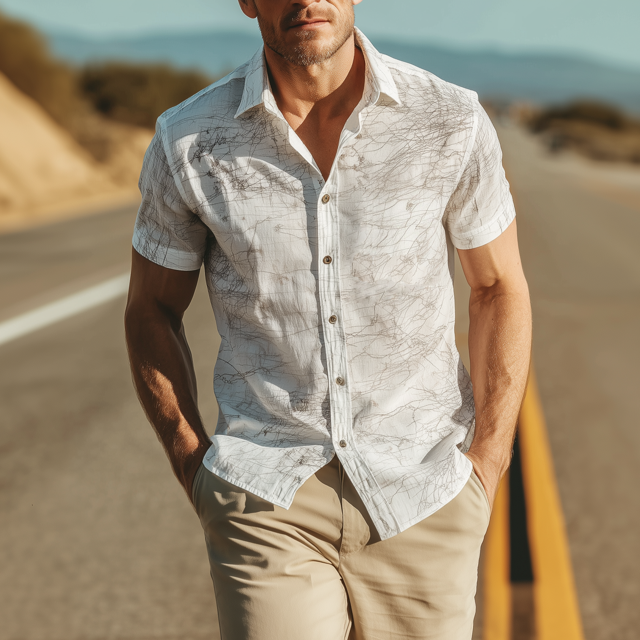 Men's Classic Casual Lapel Chiffon Print Slim Fit Short Sleeve Shirt MTA2395G9K