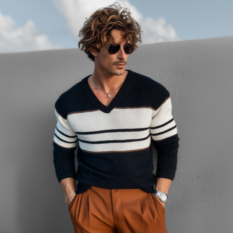Men's Casual Colorblock V-neck Loose Pullover Knitted Long-sleeved Sweater MTA0161H9M