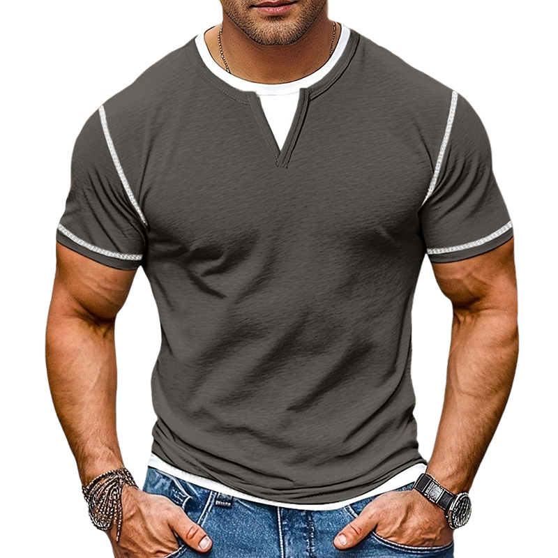 Men's Contrast Color V-Neck Cotton Blend Short Sleeve T-Shirt MTA1932G9X