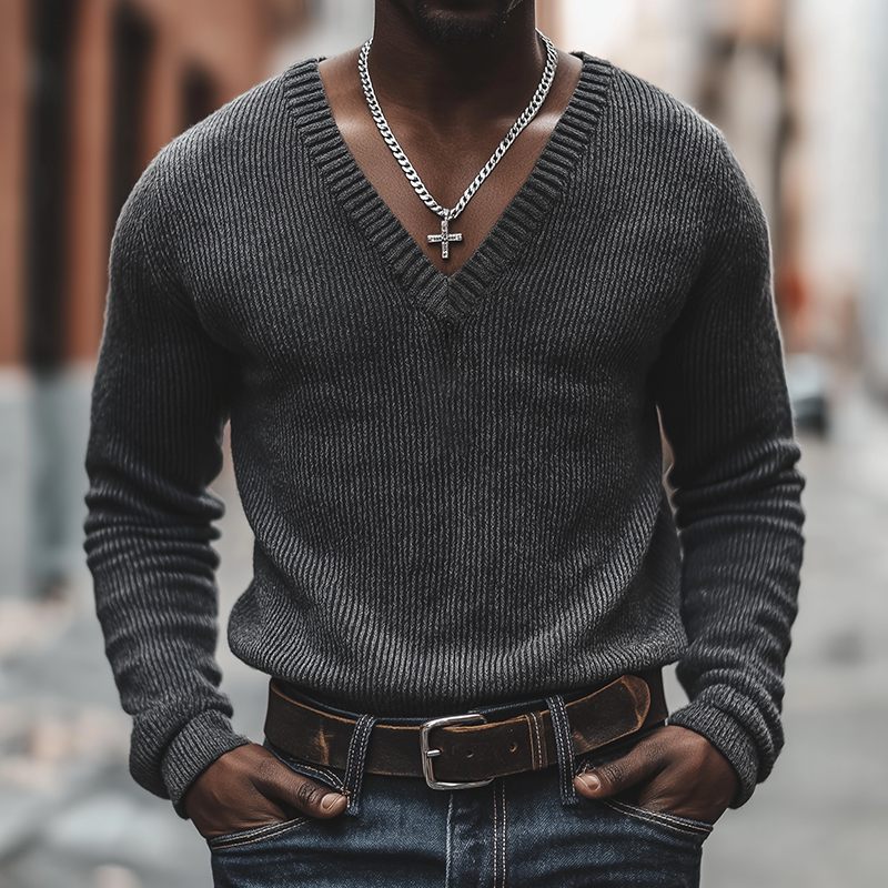 Men's Retro Casual Knitted V-Neck Sweater MTA2631L8TO