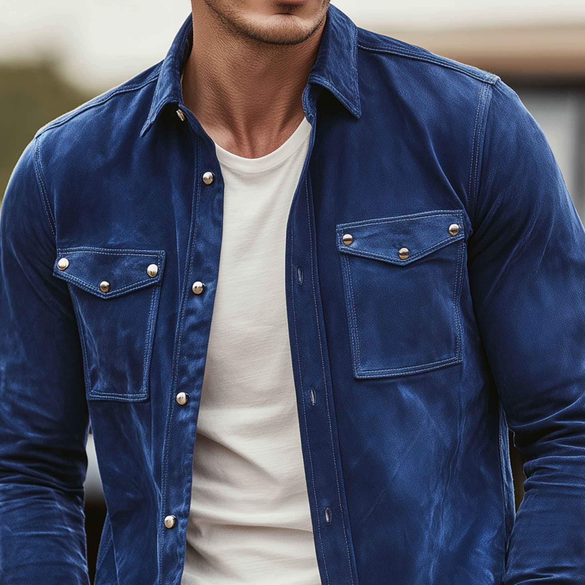 Men's Fashion Casual Pocket Decoration Metal Rivet Suede Long Sleeve Shirt MTA0104H0K
