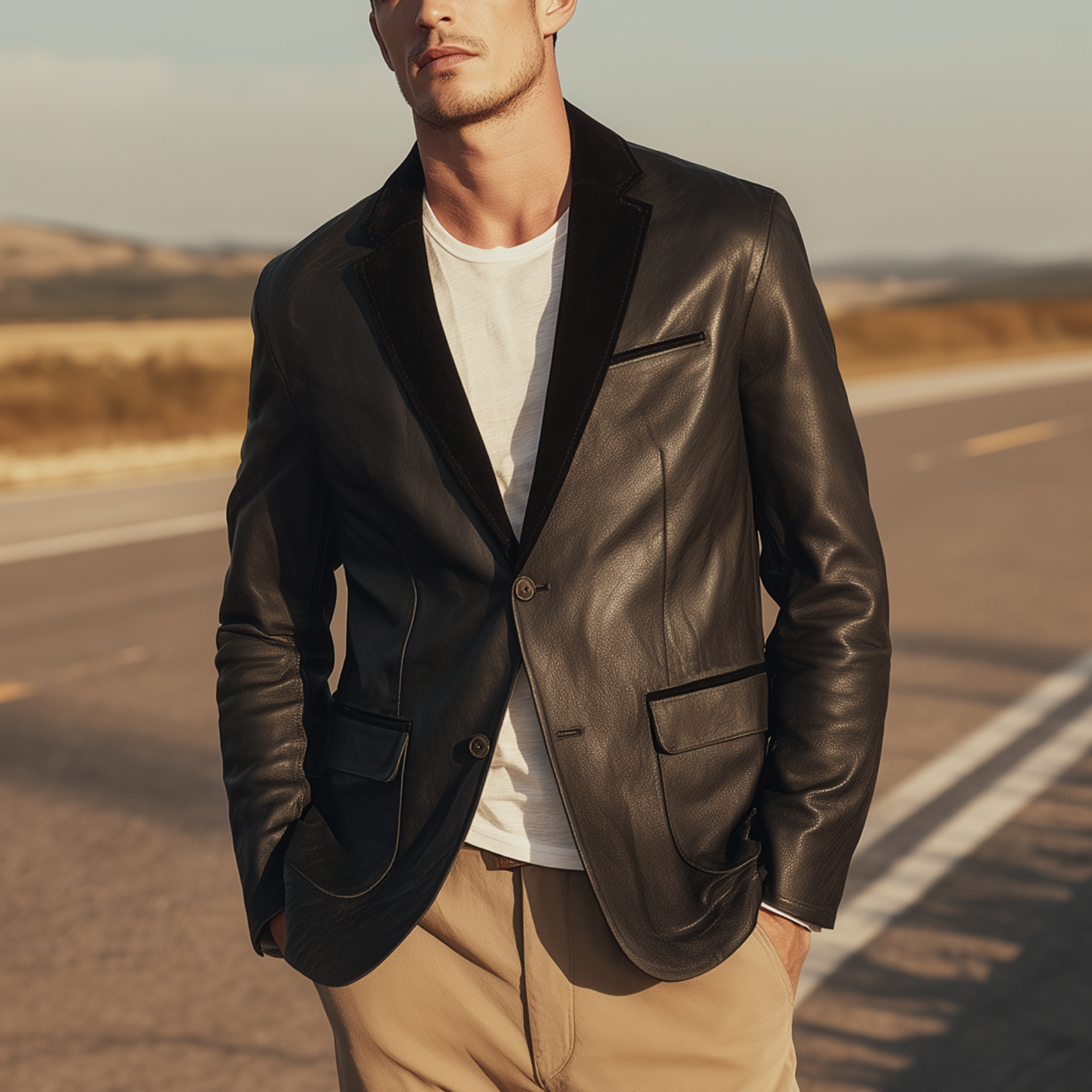 Men's Classic Retro PU Leather And Suede Single-breasted Slim-fit Blazer MTA0594H3K