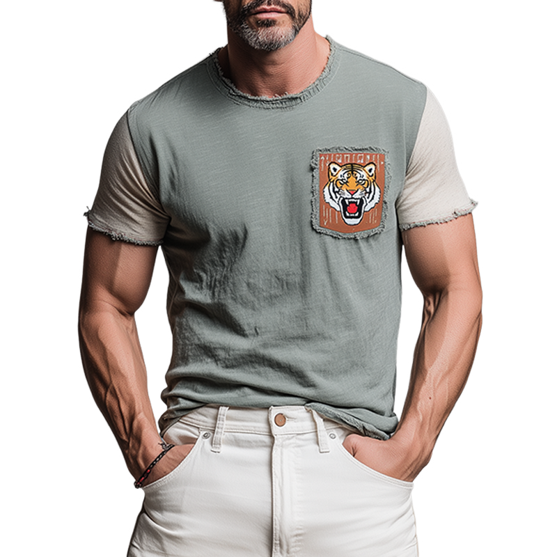 Men's Fashion Casual Cotton Blended Tiger Patch Embroidered Raw Edge Slim Fit Short Sleeve T-shirt MTA1521G6K