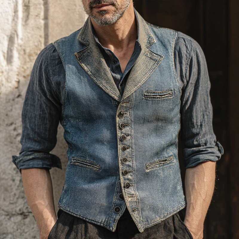 Men's Vintage Washed Denim Notch Lapel Single Breasted Multi-pocket Vest MTA2140H7Z