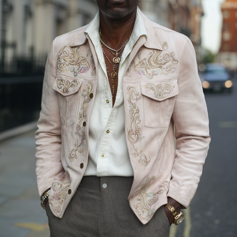 Men's Exquisitely Embroidered Light Pink Suede Jacket MTA2197H8U