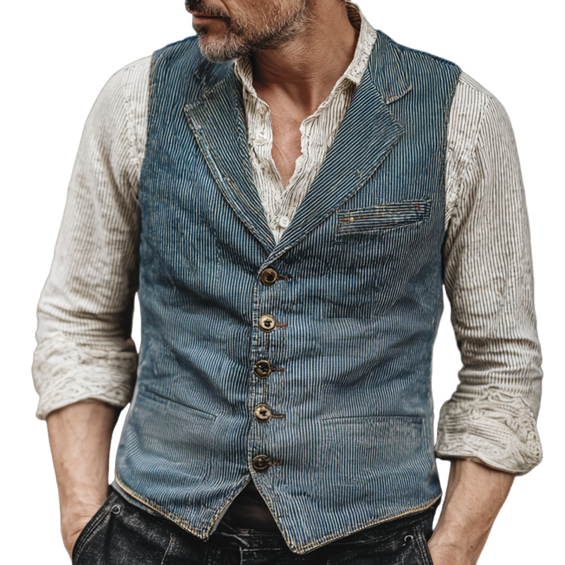 Men's Washed Striped Denim Notch Lapel Single Breasted Vest MTA2879H7Z