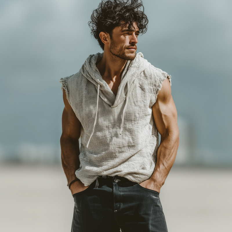Men's Casual Breathable Cotton Linen Striped Hooded Loose Raw Edge Sleeveless Tank Top MTA2306F6M