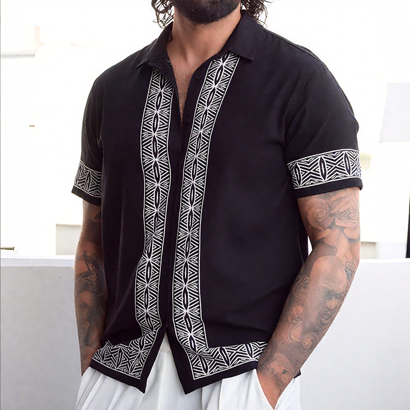 Men's Retro Casual Street Geometric Print Lapel Short Sleeve Shirt MTA2314G8TO