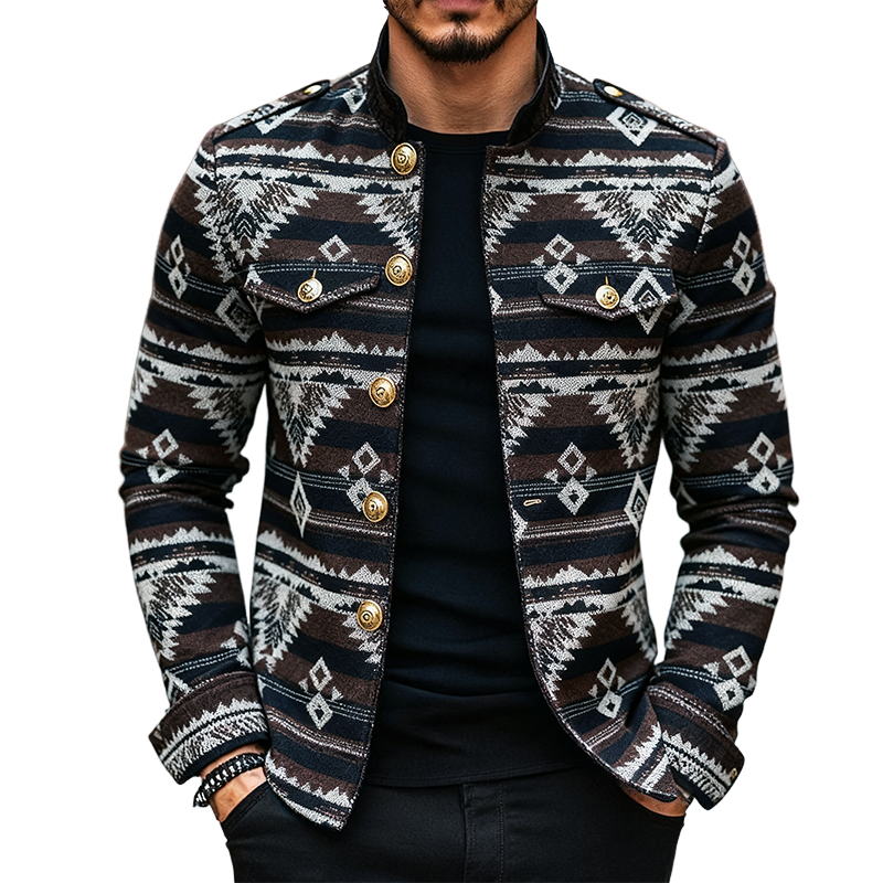 Men's Retro Casual Ethnic Style Geometric Stitching Stand Collar Jacket MTA1708J8TO