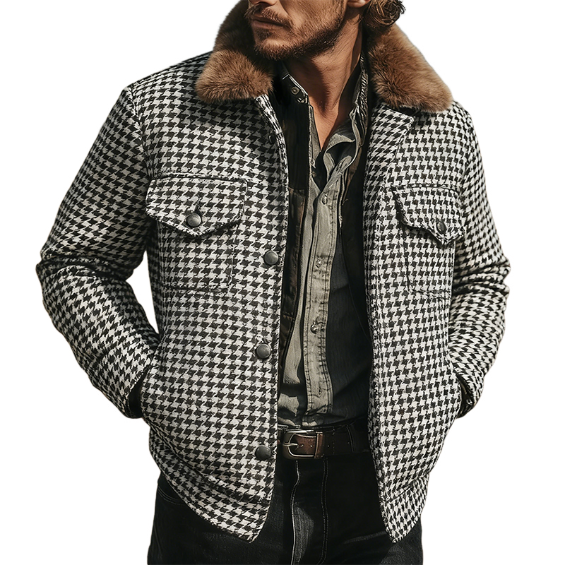 Men's Retro Casual Houndstooth Fur Collar Jacket MTA2580K6TO