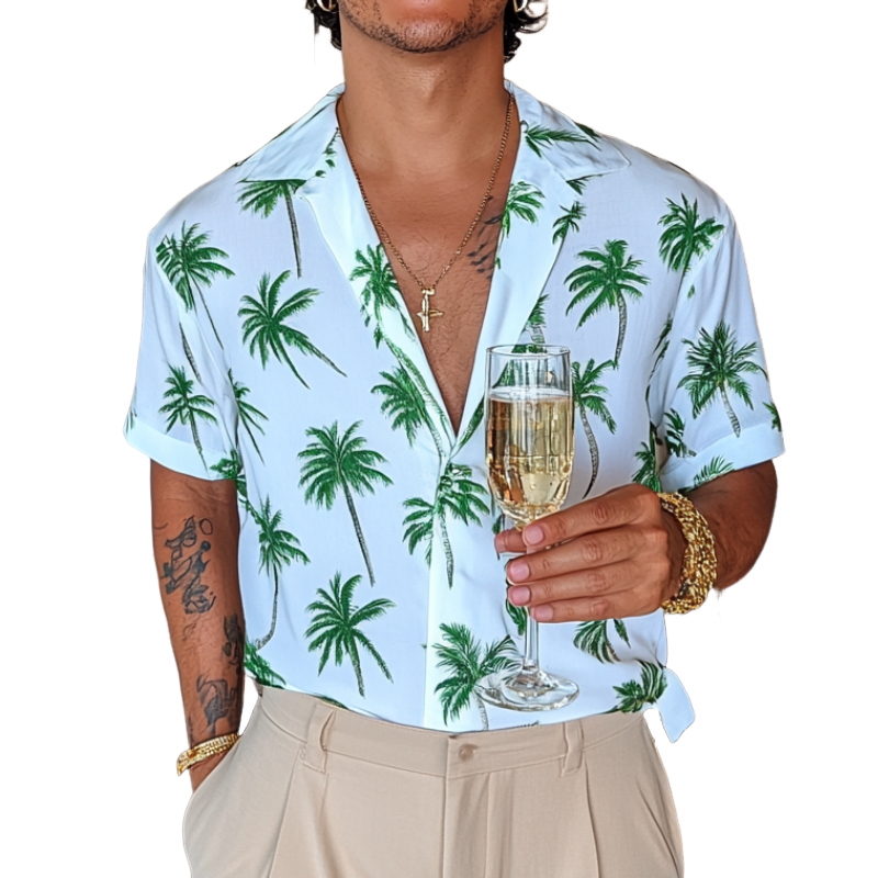 Men's Casual Palm Tree Print Cuban Collar Loose Short Sleeve Shirt 03035763M