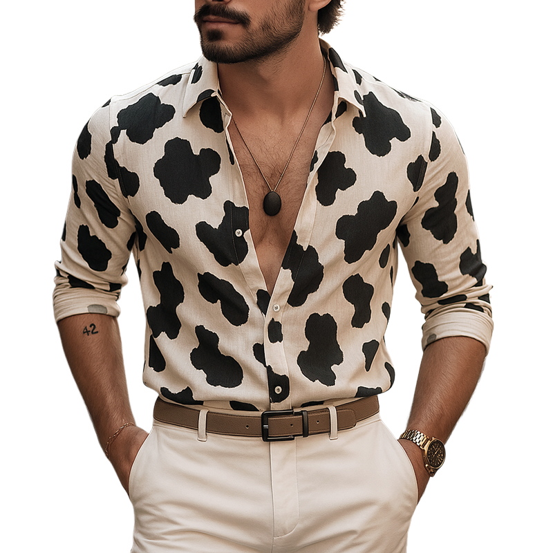 Men's Cow Print Lapel Long Sleeve Shirt MTA2314F4Z