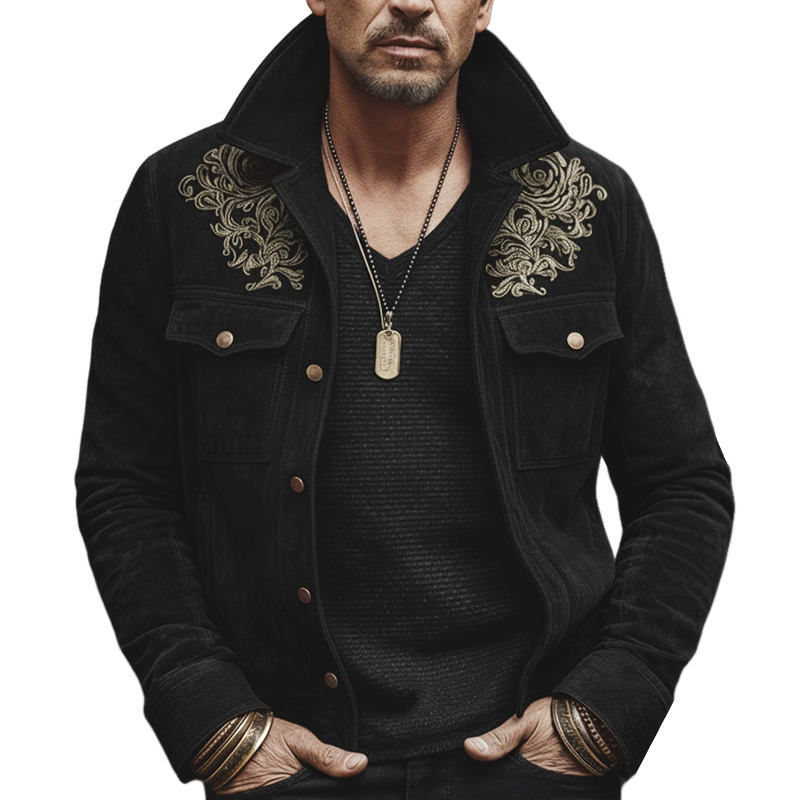 Men's Vintage Black Faux Suede Embroidered Button-up Jacket MTA1168L0U